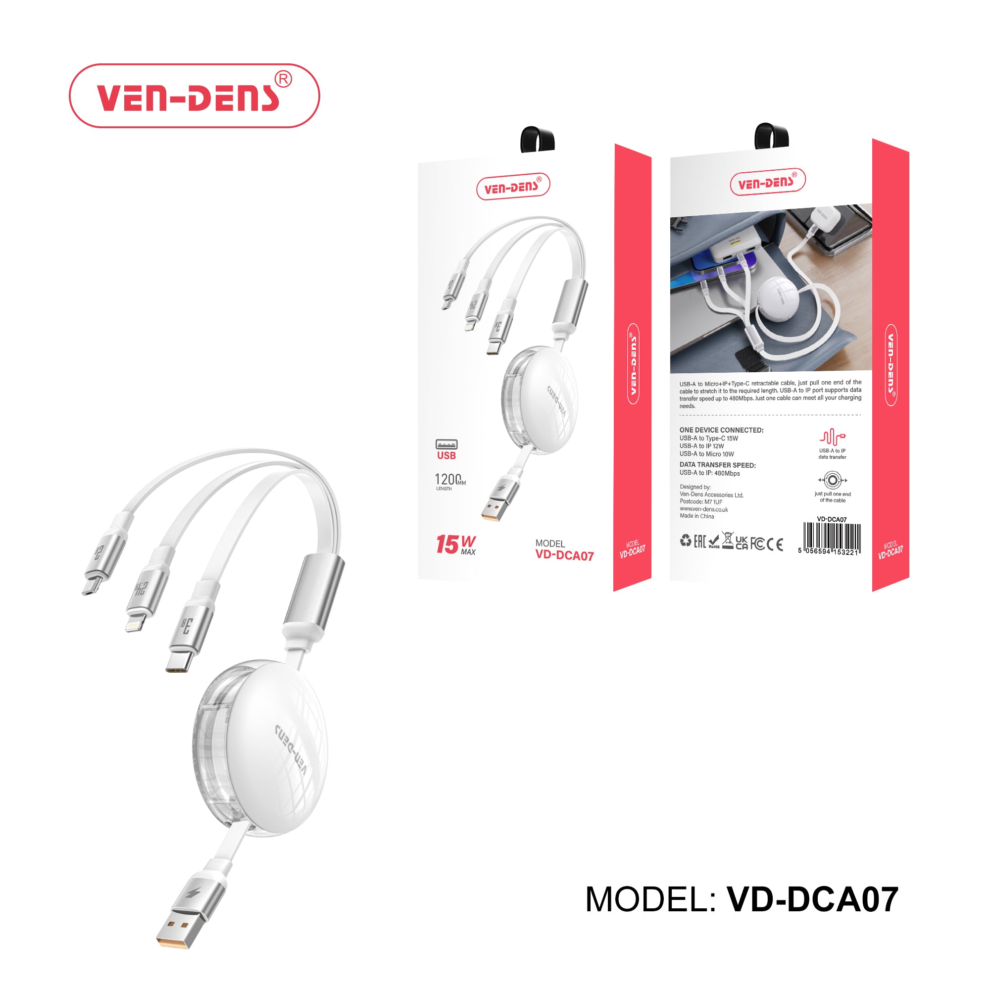 Ven-Dens VD-DCA07 3 in 1 15w Max Multi Support Charging Cable